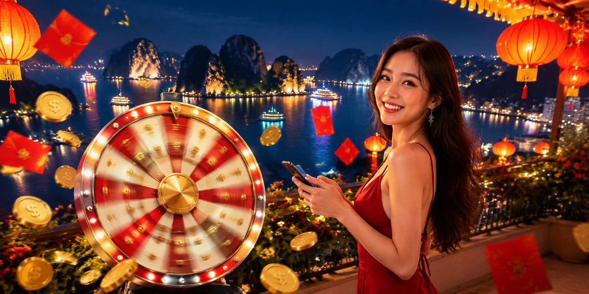 Đèn lồng và bàn roulette trong khung cảnh vịnh Hạ Long về đêm